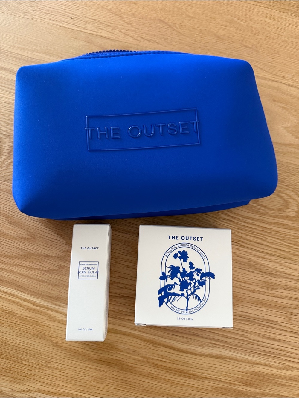 The Outset Blue Travel Makeup Bag with Skincare Set